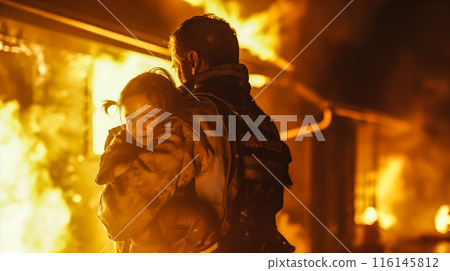 A firefighter helps a little girl escape from a fire, carrying her to safety. The concept of bravery, rescue, and the heroism of first responders. Generative AI. 116145812