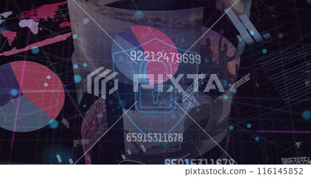 Image of rotating hud interface, graphs, database and padlock in shield over abstract background 116145852