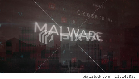 Image of malware texts, numbers, alphabets, symbol, circuit board pattern over city 116145853