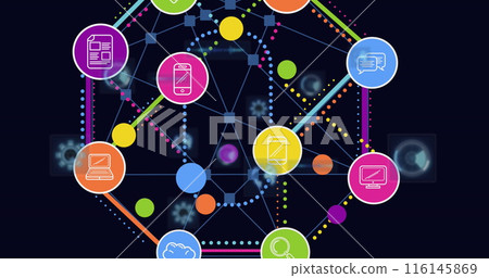 Image of colorful icons connected and forming hexagon shape over globe, circles and radar 116145869