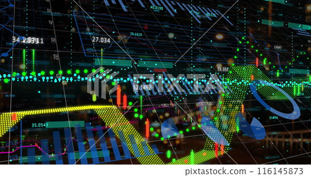 This image is an image of different financial data points being processed and displayed on a digital 116145873
