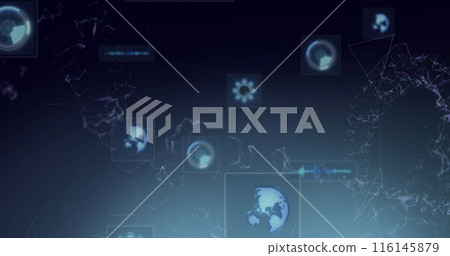 Image of dots forming abstract shapes over globe, radars and soundwaves in background Image of dots forming abstract shapes over globe, radars and soundwaves in background 116145879
