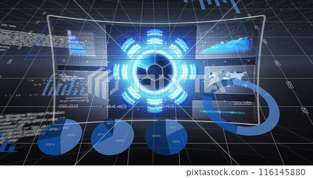 Image of graphs and data processing on screens in digital space Image of graphs and data processing on screens in digital space 116145880