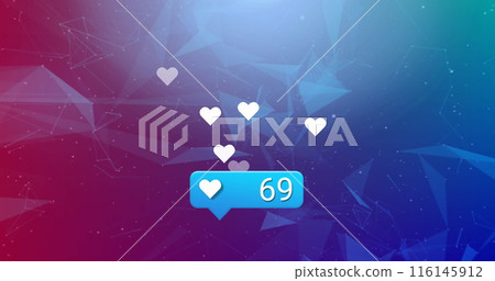 Image of social media reactions over shapes on red and blue background Image of social media reactions over shapes on red and blue background 116145912