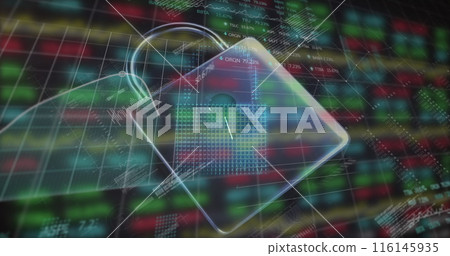 Image of financial data and digital padlock on black background 116145935