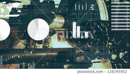 Image of infographic interface with numbers over sparks coming from cutting blade in scrap yard Image of infographic interface with numbers over sparks coming from cutting blade in scrap yard 116145952