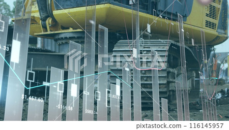 Image of multiple graphs with numbers over midsection of scrap yard machinery in scrap yard Image of multiple graphs with numbers over midsection of scrap yard machinery in scrap yard 116145957