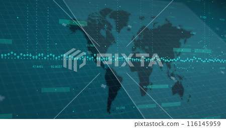 Image of data processing with markers over world map Image of data processing with markers over world map 116145959