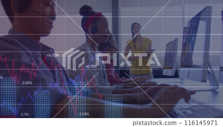 Image of financial data processing over diverse business people 116145971