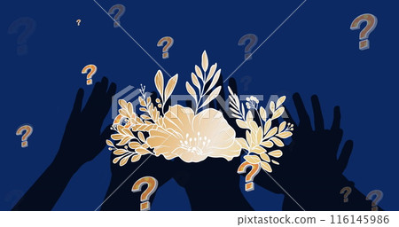 Image of flowers and hands over question marks Image of flowers and hands over question marks 116145986