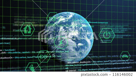 Image of eco icons and data processing over globe 116146002