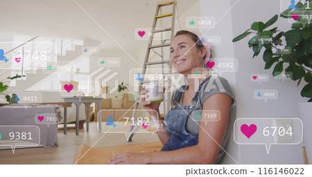 Image of notification bars over caucasian woman with dog on lap drinking coffee at home Image of notification bars over caucasian woman with dog on lap drinking coffee at home 116146022