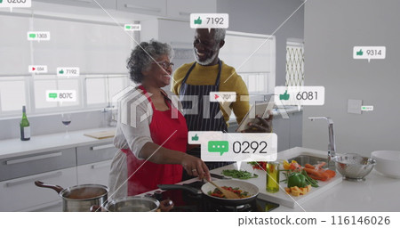 Image of notification bars over african american couple using digital tablet while cooking food Image of notification bars over african american couple using digital tablet while cooking food 116146026