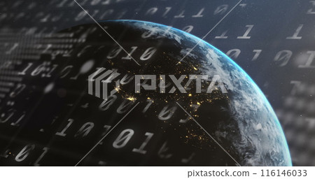 Image of binary coding and data processing over globe 116146033