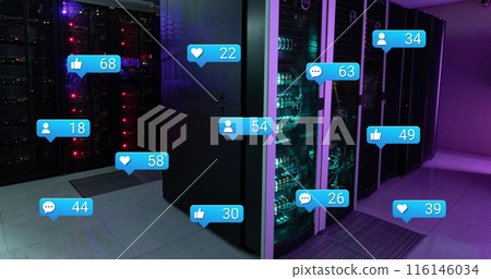 Image of notification with numbers icons over data server racks Image of notification with numbers icons over data server racks 116146034