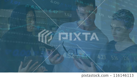 Image of stock market data processing against group of diverse colleagues discussing at office Image of stock market data processing against group of diverse colleagues discussing at office 116146113