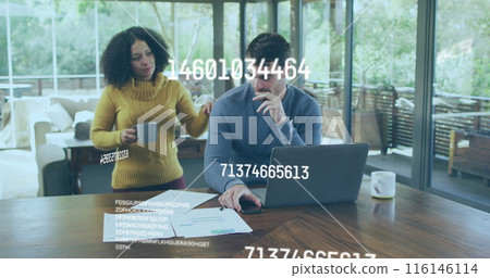 Image of data processing over diverse couple using laptop 116146114