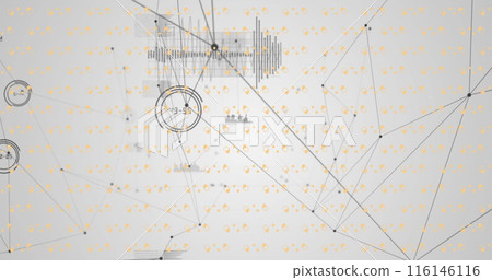 Image of network of connections with data processing and shapes over grey background 116146116