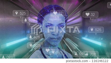 Image of social media icons and african american female doctor over tunnel in seamless pattern Image of social media icons and african american female doctor over tunnel in seamless pattern 116146122