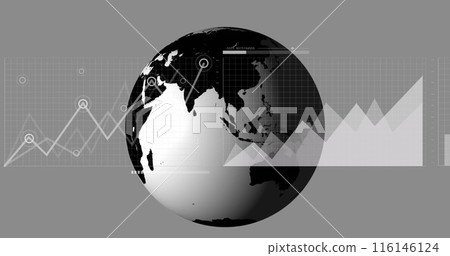 Image of interface with statistical data processing over spinning globe against grey background Image of interface with statistical data processing over spinning globe against grey background 116146124