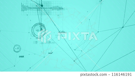 Image of network of connections with data processing and shapes over blue background Image of network of connections with data processing and shapes over blue background 116146191