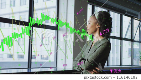 Image of graphs, growing numbers, biracial woman checking cellphone while looking through window Image of graphs, growing numbers, biracial woman checking cellphone while looking through window 116146192