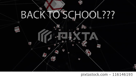 Image of back to school text over network of connections and presents on black background Image of back to school text over network of connections and presents on black background 116146193