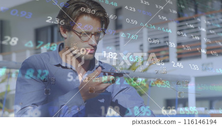 Image of multicolored trading board over caucasian man talking on speaker of smartphone Image of multicolored trading board over caucasian man talking on speaker of smartphone 116146194