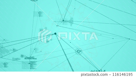 Image of network of connections with data processing and shapes over blue background Image of network of connections with data processing and shapes over blue background 116146195