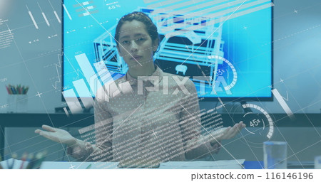 Image of financial data processing over caucasian businesswoman in office Image of financial data processing over caucasian businesswoman in office 116146196