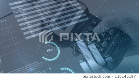 Image of data processing over media icons and hand paying with credit card Image of data processing over media icons and hand paying with credit card 116146197