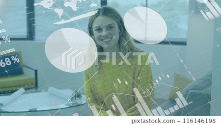 Image of financial data processing over caucasian businesswoman in office Image of financial data processing over caucasian businesswoman in office 116146198