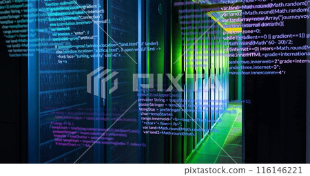 Image of multicolored computer programming language over data server room Image of multicolored computer programming language over data server room 116146221