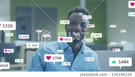 Image of social media icons with numbers over diverse business people Image of social media icons with numbers over diverse business people 116146226
