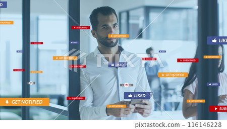 Image of social media icons with texts over diverse business people 116146228