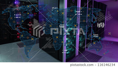 Image of circuit board pattern on map over data server racks in server room Image of circuit board pattern on map over data server racks in server room 116146234