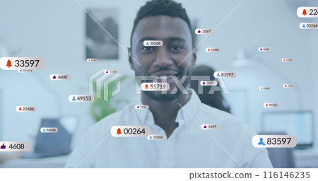Image of social media icons with numbers over diverse business people Image of social media icons with numbers over diverse business people 116146235