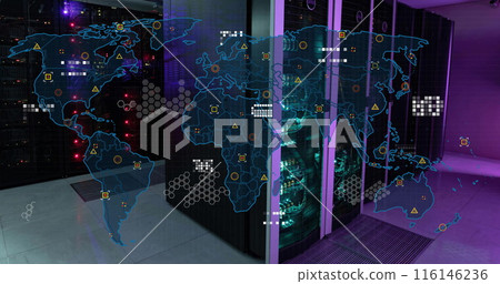 Image of circuit board pattern on map over data server racks in server room Image of circuit board pattern on map over data server racks in server room 116146236
