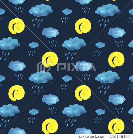 Blue, turquoise clouds with raindrops and yellow spiral sun. Watercolor illustration hand drawn in children's style for posters, cards, stickers. Seamless pattern on a dark blue background. 116146264