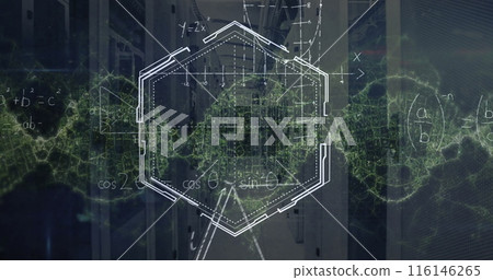 Math formulas and geometric shapes create a futuristic cityscape look Math formulas and geometric shapes create a futuristic cityscape look 116146265