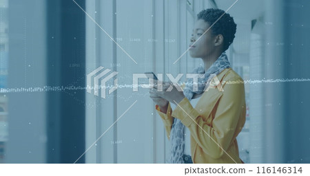 Image of financial data processing over biracial businessman using smartphone in office Image of financial data processing over biracial businessman using smartphone in office 116146314