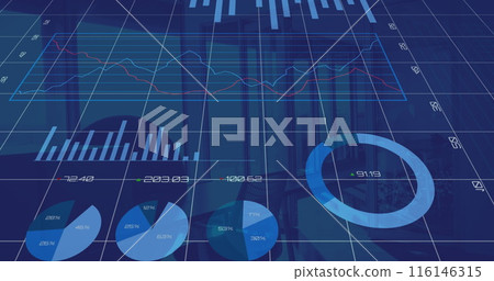Various financial charts and graphs displaying data in vibrant blue background Various financial charts and graphs displaying data in vibrant blue background 116146315