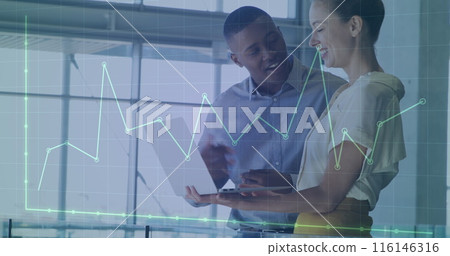 Image of financial data processing over diverse business people in office Image of financial data processing over diverse business people in office 116146316