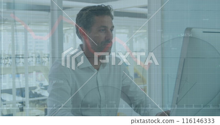 Image of financial data processing over caucasian businessman using computer in office 116146333