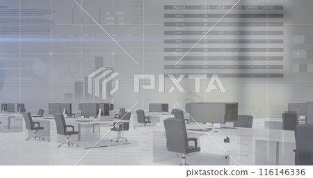 Empty office space with multiple desks and chairs, showing financial data on wall Empty office space with multiple desks and chairs, showing financial data on wall 116146336