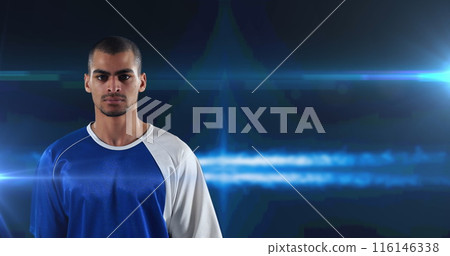 Image of basketball player over glowing blue background Image of basketball player over glowing blue background 116146338