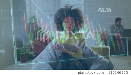 Image of financial data processing over biracial businesswoman working in office 116146350