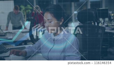 Image of financial data processing over biracial businesswoman working in office 116146354