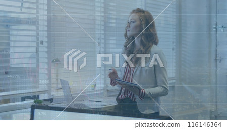 Image of financial data processing over caucasian businesswoman working in office 116146364