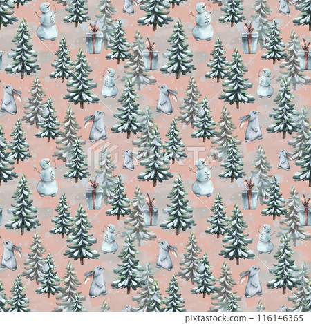 Winter seamless pattern on a pink background with Christmas trees, hares, snowmen, gifts. Watercolor illustration from a large set of COZY WINTER. For textiles, fabrics, wallpaper, packaging paper. Winter seamless pattern on a pink background with Christmas trees, hares, snowmen, gifts. Watercolor illustration from a large set of COZY WINTER. For textiles, fabrics, wallpaper, packaging paper. 116146365